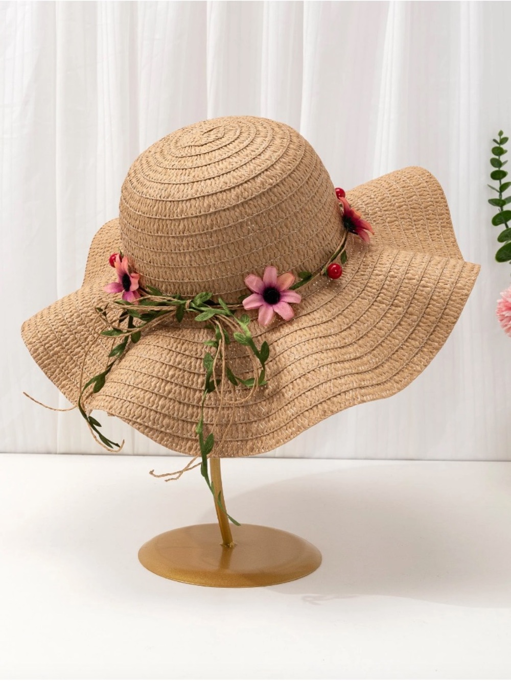 SHEIN Tan Straw Floppy Hat with Pink Floral & Red Bead Trim - Picture 1 of 5